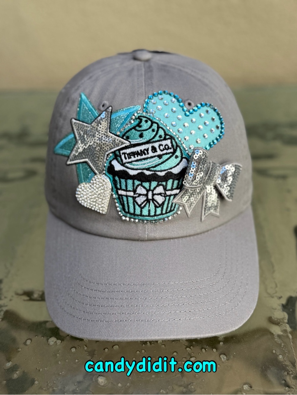 Cup Cakes At Tiffany’s Handmade College political Crystal & Sequin Gray Ball Cap